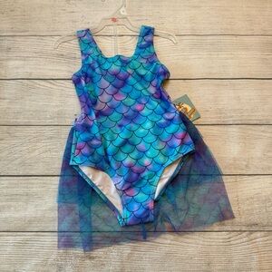 Colorful Mermaid Scales Kids One Piece Swimsuit with removable TuTu
